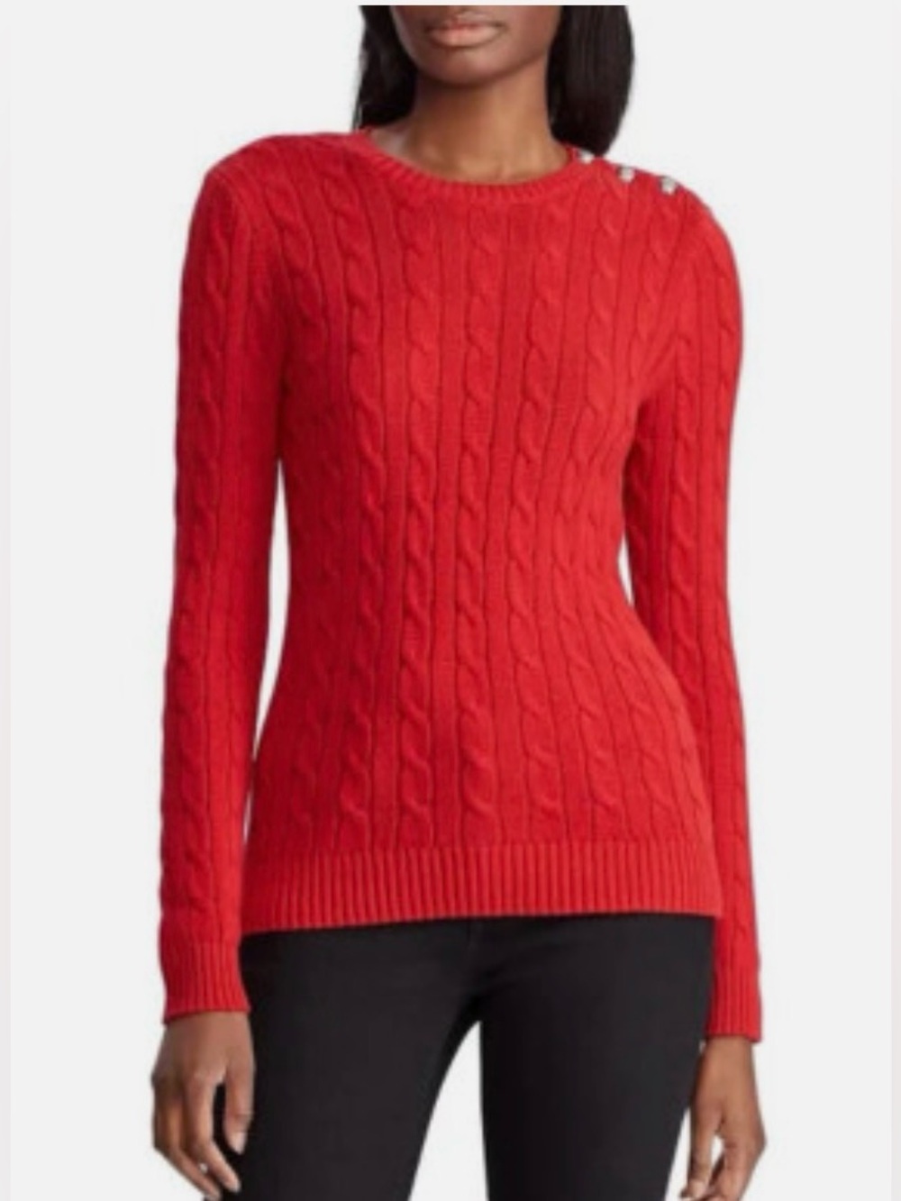 Lauren Ralph Lauren Red Cable-Knit Crewneck Sweater with Shoulder Buttons